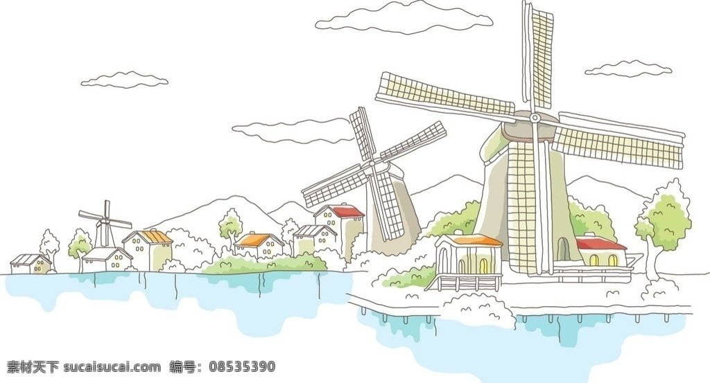 手绘 风车 发电 节能 减 碳 环保 城市 减碳 建筑 景观 线条 线稿 白描 矢量 矢量图 城市建筑 建筑家居