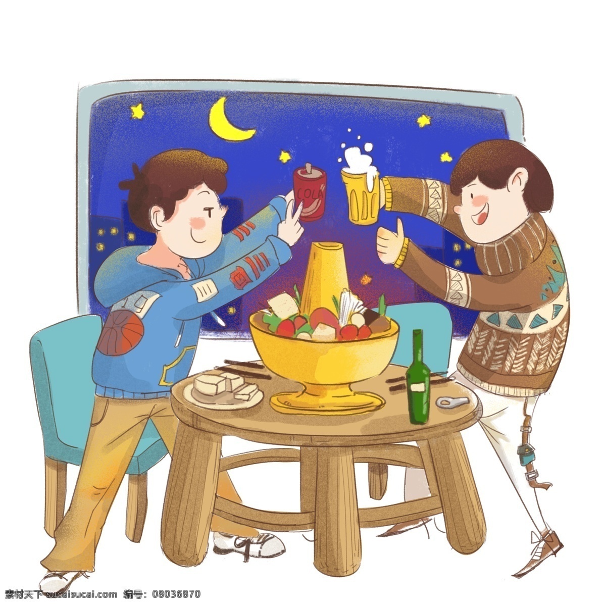 同事 二 人 火锅 啤酒 聚餐 卡通 图 可乐 欢乐 月夜 蓝紫色调 高兴 球迷 蓝色卫衣 民族风毛衣