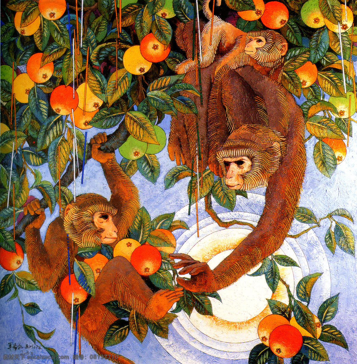 油画生肖 猴 油画 生肖 猴子偷桃 中国风 生肖猴 国画猴 国画 金猴献瑞 绘画书法 文化艺术
