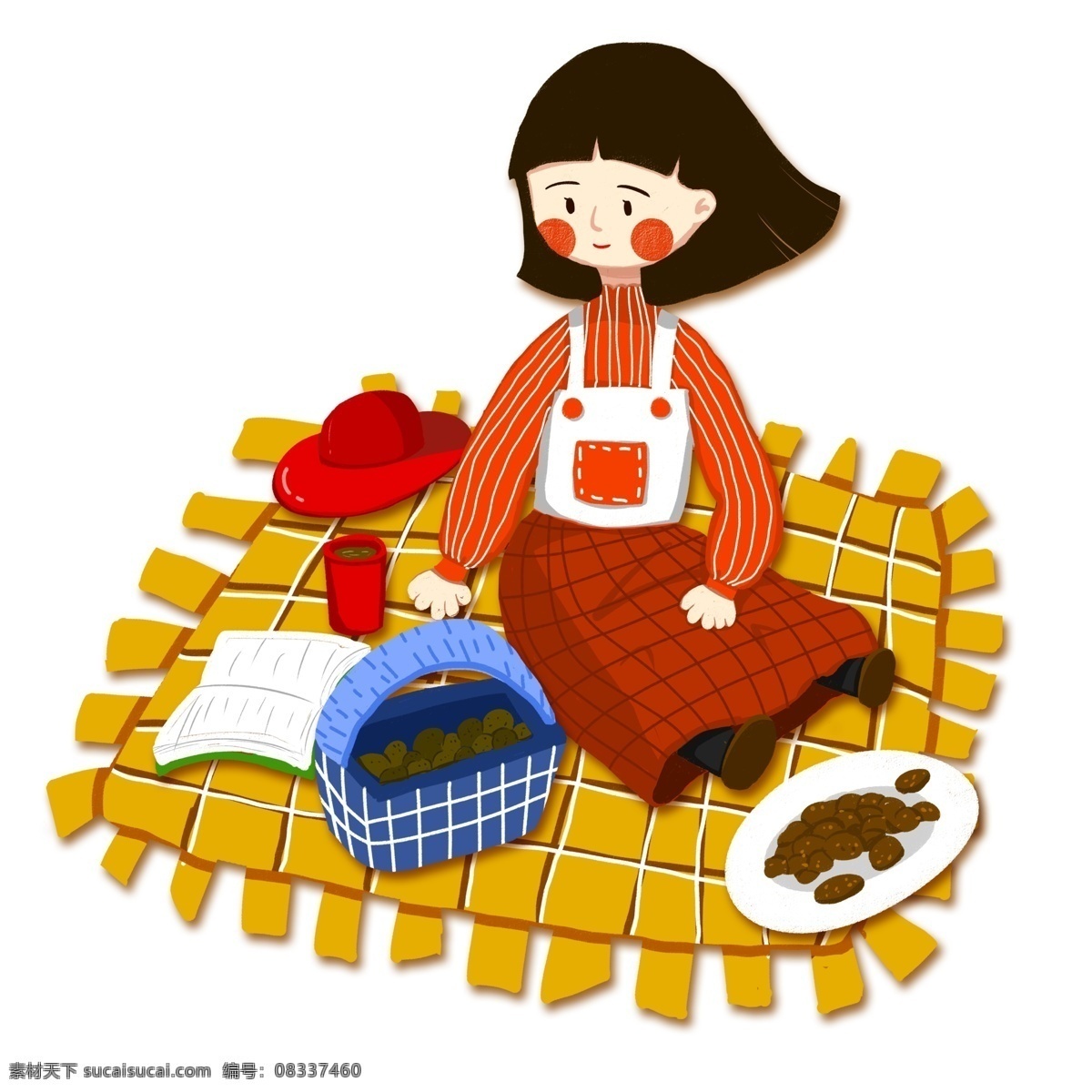 野餐 女孩 图案 元素 美食 人物 设计元素 简约 野吹 手绘 创意元素 手绘元素 psd元素