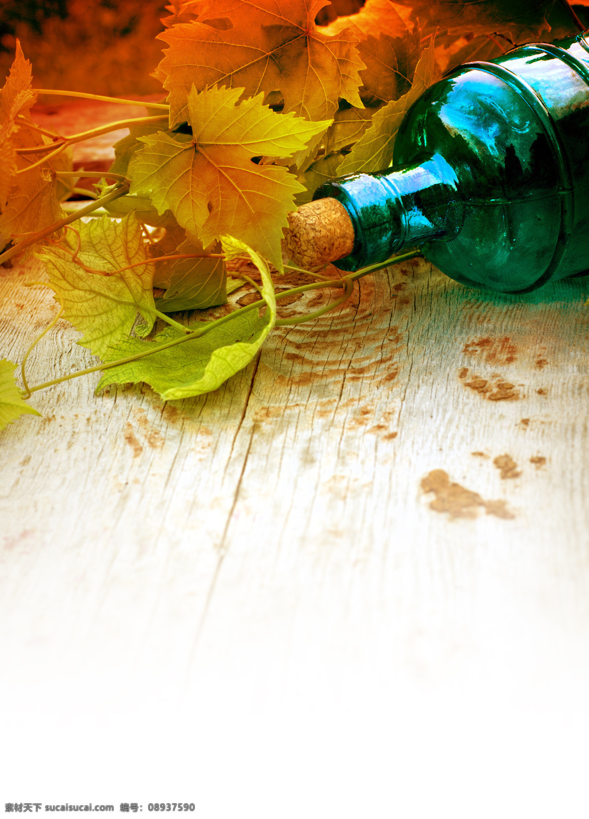 玻璃 酒瓶 葡萄 叶 葡萄酒 木板背景 木纹背景 葡萄叶 葡萄藤 玻璃瓶子 酒水饮料 餐饮美食 白色