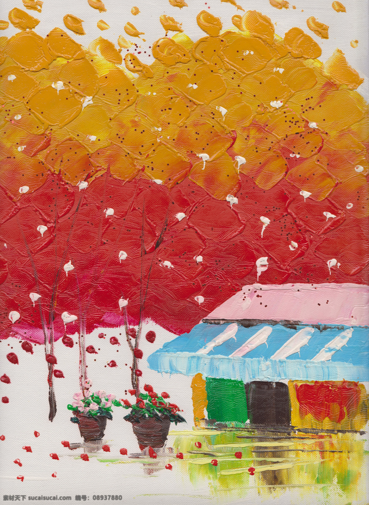 绘画书法 文化艺术 小房子 印象油画 厚颜料油画 红色大树 厚油画 越南风景 越南装饰画 原创油画 装饰素材