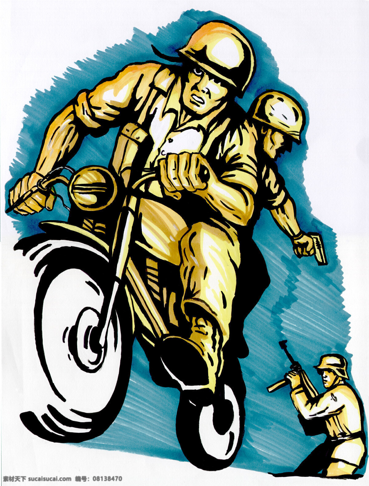 士兵 骑 摩托车 逃跑
