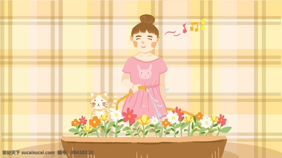 格子布 背景 后花园 浇 花 猫咪 女孩 小花 夏天 小清新 插画 原创 浇花 快乐生活 配图