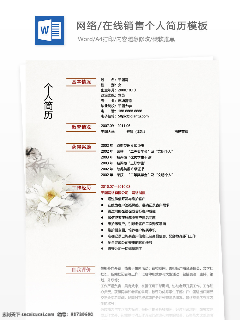 网络 在线销售 应届 毕业生 简历 模板 个人简历 简历模板 个人简历模板 中国风 应届毕业生 网络销售 素雅