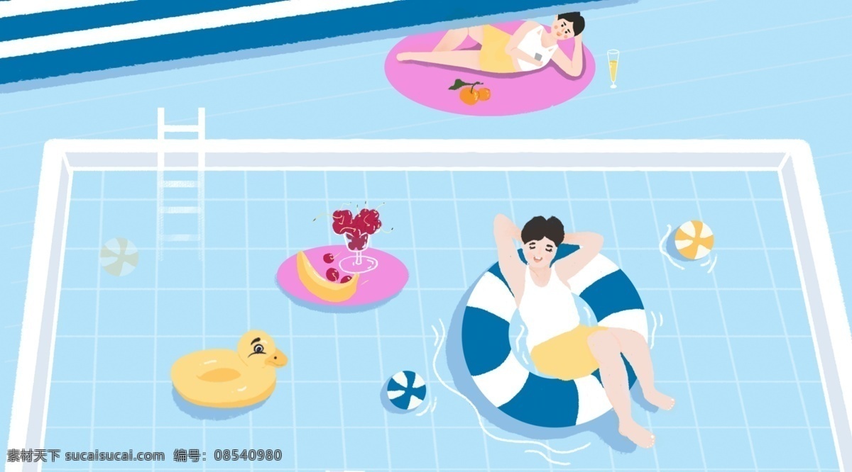 大暑 插画 微 信 配 图 横 版 宣传海报 唯美插画 游泳池 男孩 微信配图