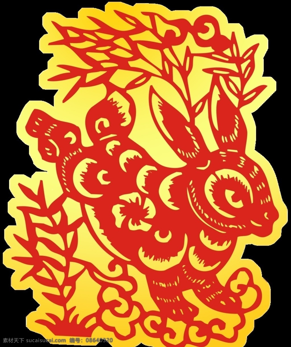 兔子 剪纸 祥云 传统 吉祥 红色 黄色 喜庆 兔年大吉 分层 源文件