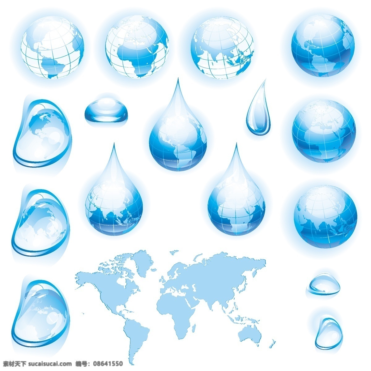 地球 矢量 蓝色 水滴 保护环境 材料 地图 晶莹剔透 蓝 矢量剪影 滴 水