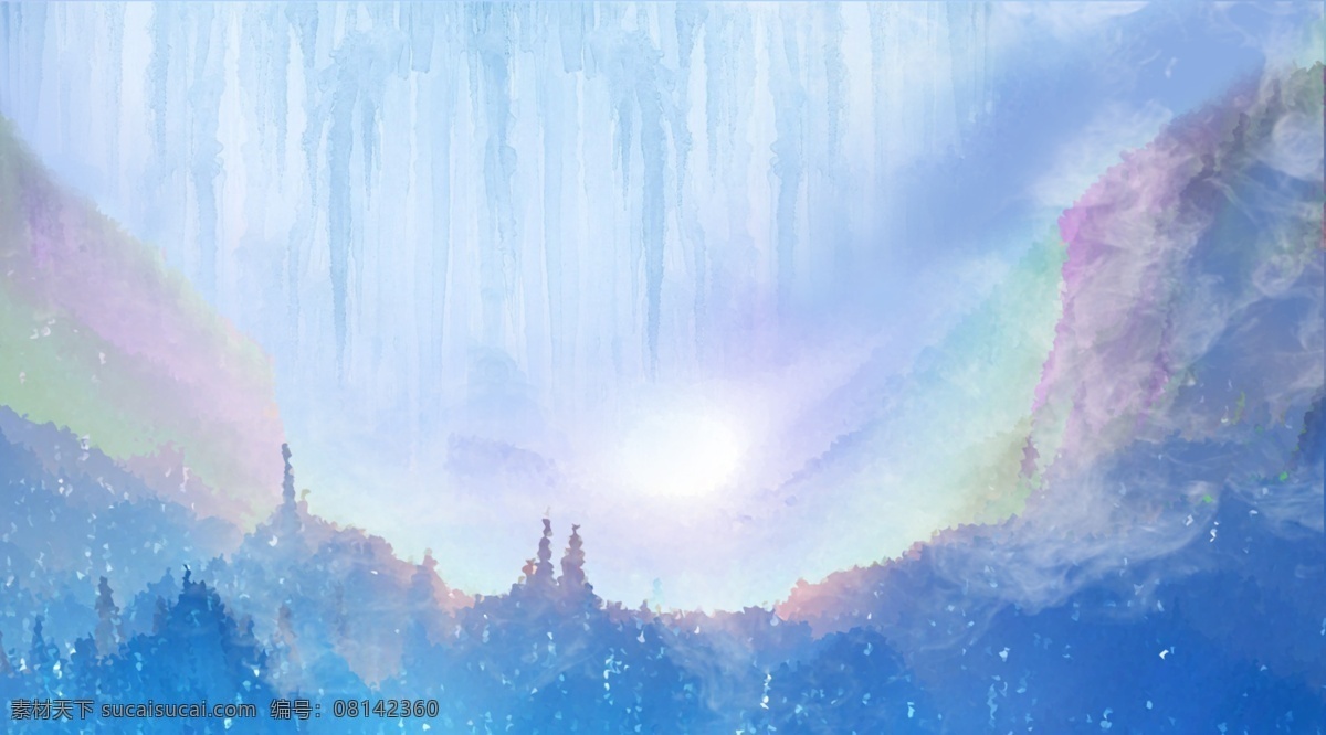 唯美 冬季 雪地 雪景 背景 雪地背景 手绘背景 下雪天背景 蓝色背景 蓝天白云 远山背景 风景背景