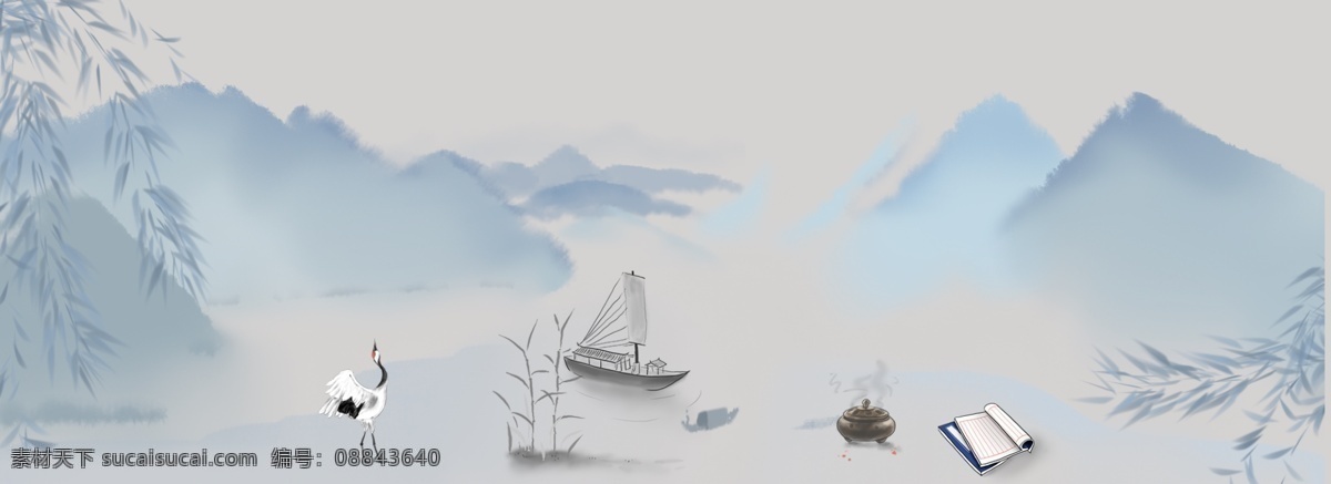 中国 古代 仙鹤 船只 banner 背景 图 仙气飘飘 背景图 青色