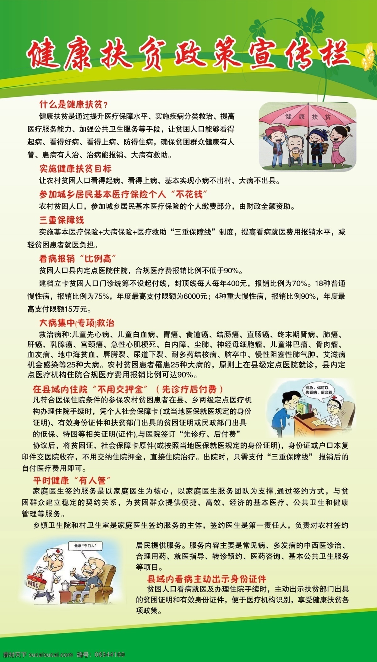 健康 扶贫 政策 宣传栏 健康扶贫 政策宣传栏 绿色背景 绿色渐变 卡通 分层