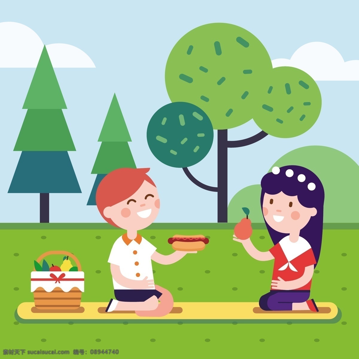 两个 孩子 公园 草地 野餐 春天 绿色 树木 食物 郊游 露营