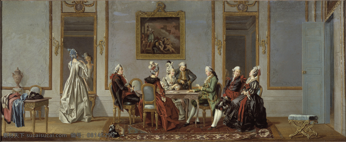 室内风格 欧洲 贵族之家 洛可可时代 一女子 照镜子 一群人 围绕桌子 谈天 古典油画 油画 文化艺术 绘画书法
