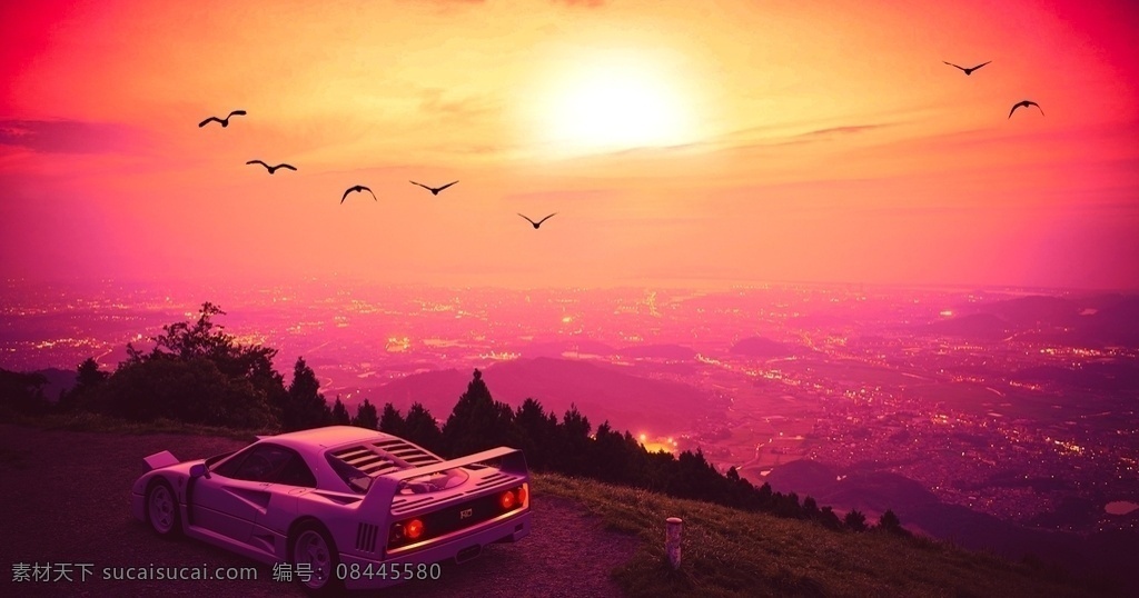 汽车 跑车 夕阳 风景 晚霞 现代科技 交通工具