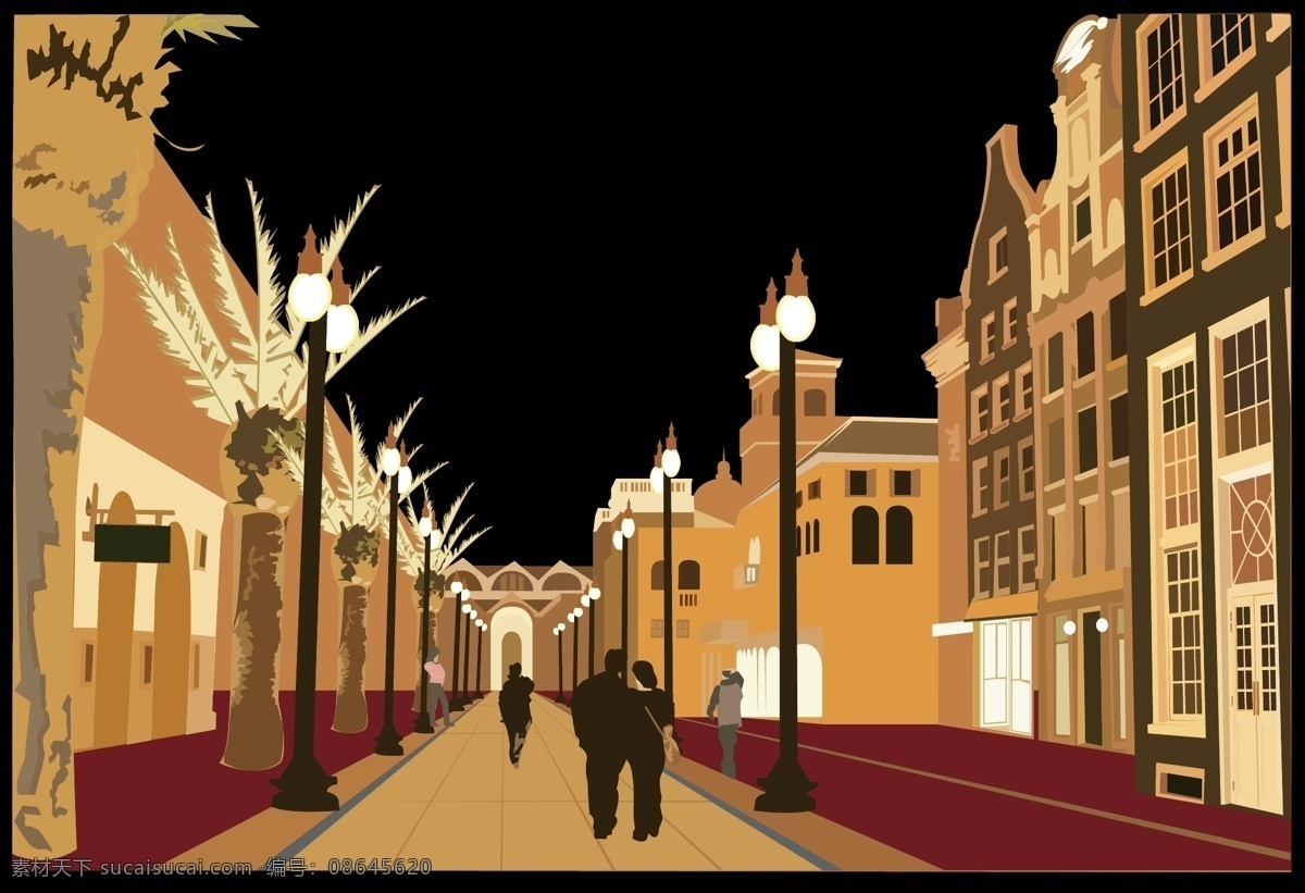 欧洲 风格 街道 向量 bckground web 背景 插画 创意 灯柱 免费 图形 质量 病 媒 生物 时尚 独特的 原始的 高质量 新鲜的 设计欧洲街 夜间街 历史街区 剪影的夫妇 城市的街道上 psd源文件