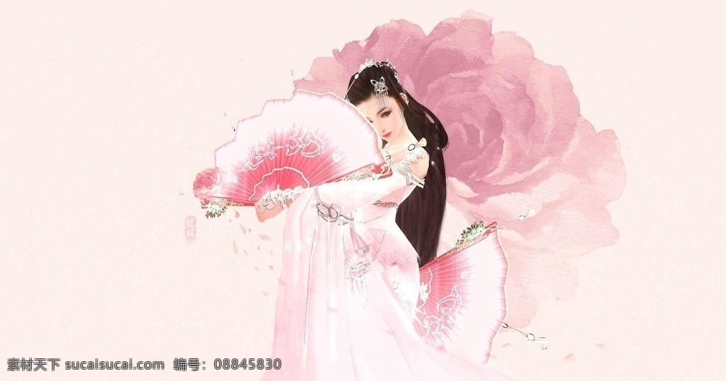 中国舞美女 中国风 古代 美女 古装 扇子 古典美女 动漫动画