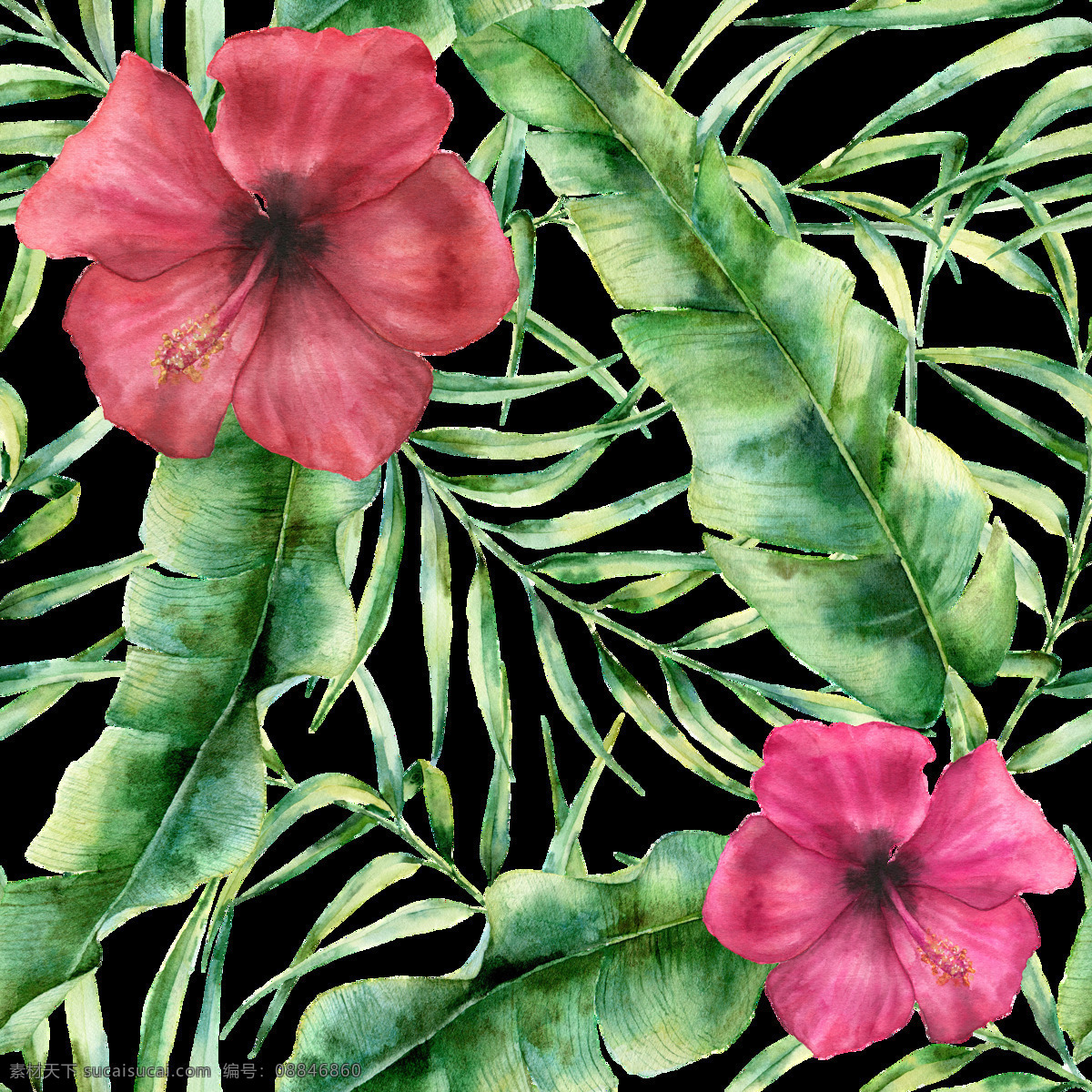 手绘 水彩 逼真 花朵 背景 红花 绿叶 细叶 植物 背景素材 填充背景