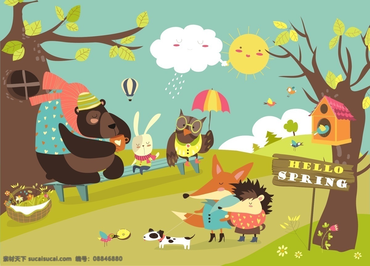 可爱 动物 春天 森林 行走 动物插画 卡通动物 卡通素材