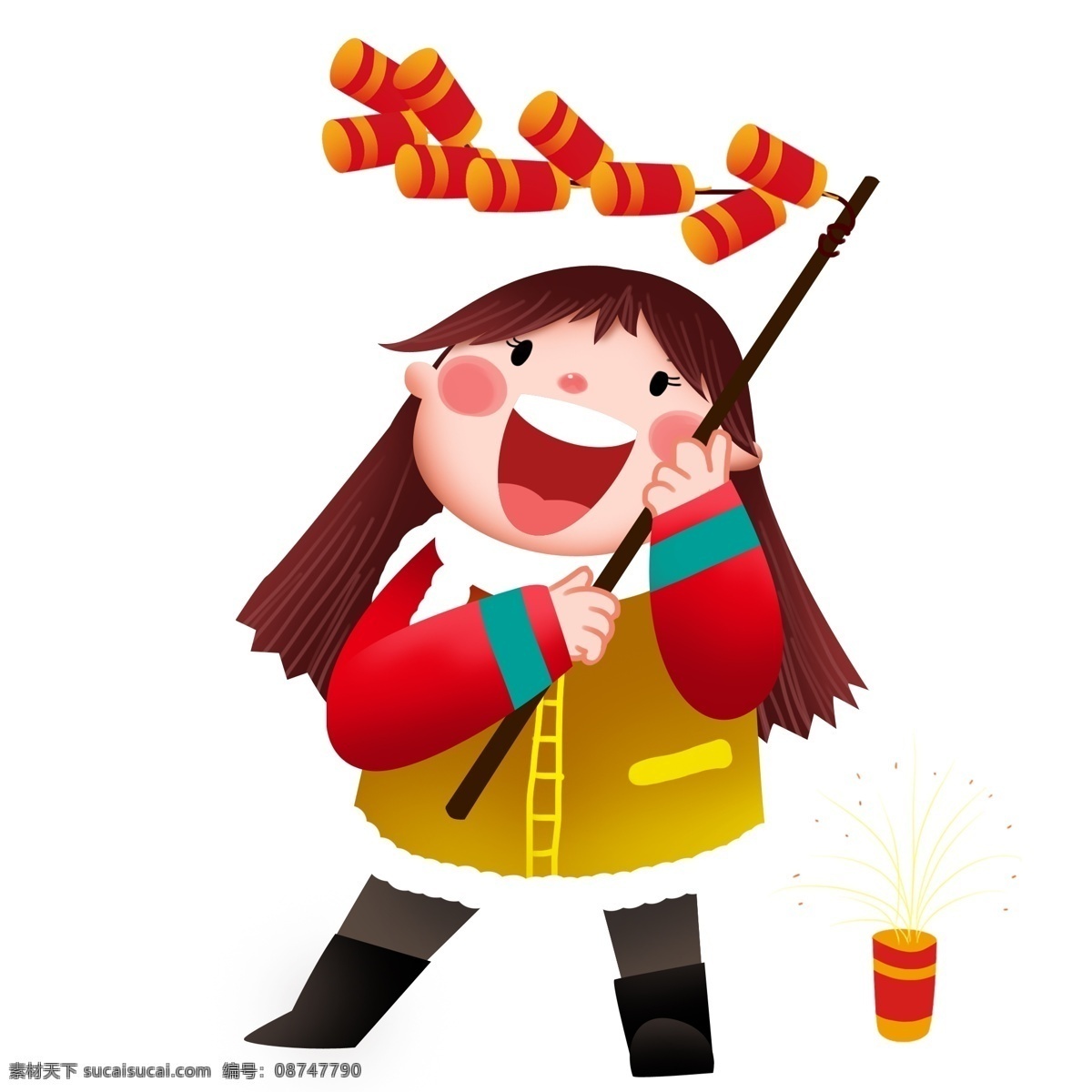 新年 手 鞭炮 小女孩 漂亮的小女孩 卡通人物插画 手绘鞭炮 鞭炮插画 新年人物插画 红色的鞭炮 黑色的树枝
