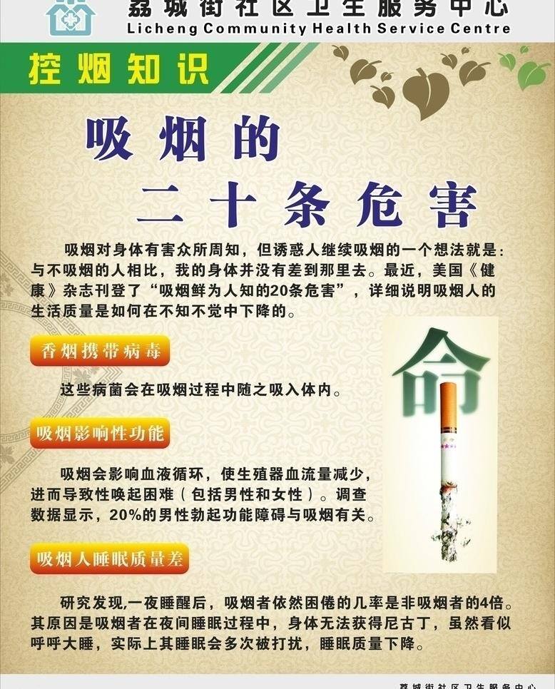 底纹 花纹 社区标志 树叶 吸烟的危害 展板模板 吸烟 危害 矢量 模板下载 控烟知识 燃烧 生命 有害 知识 其他展板设计