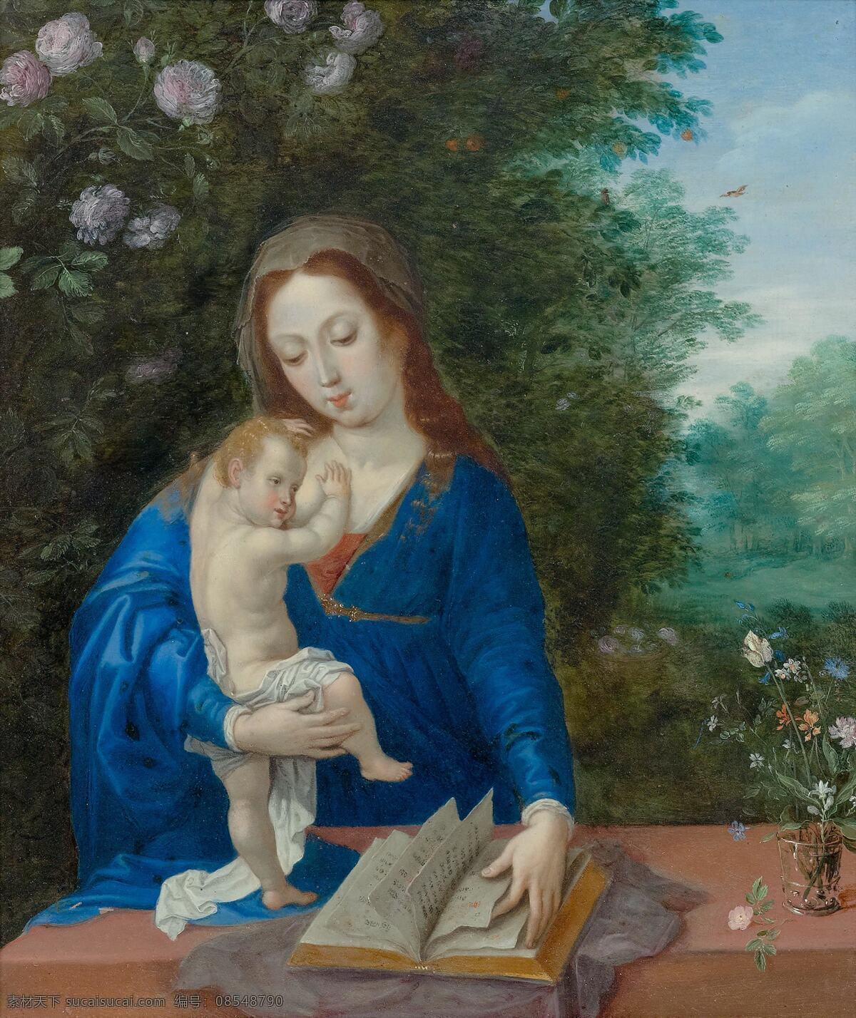 伊甸园 中 圣母 圣婴 圣经故事 圣玛丽娅 翻阅圣经 独子耶稣 玩耍 宗教油画 古典油画 油画 文化艺术 绘画书法