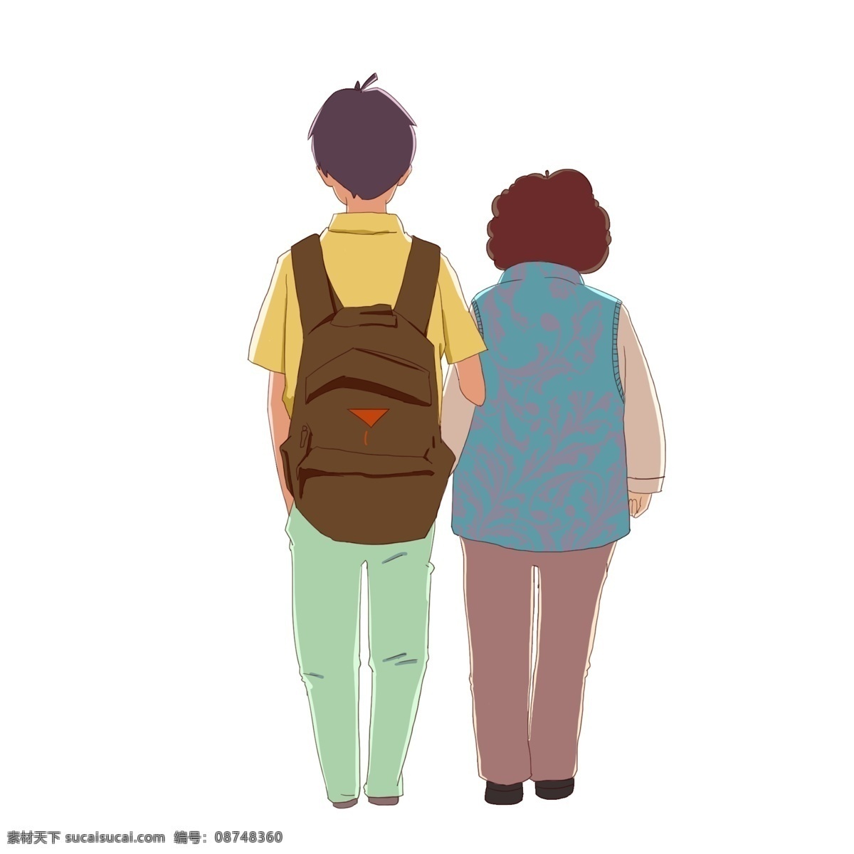 手绘 母亲节 母子 搀扶 一起 母与子 孝敬父母 父母 母亲 母亲背影 母子背影 陪伴 孝敬母亲 相互搀扶 卡通母与子 手绘父母