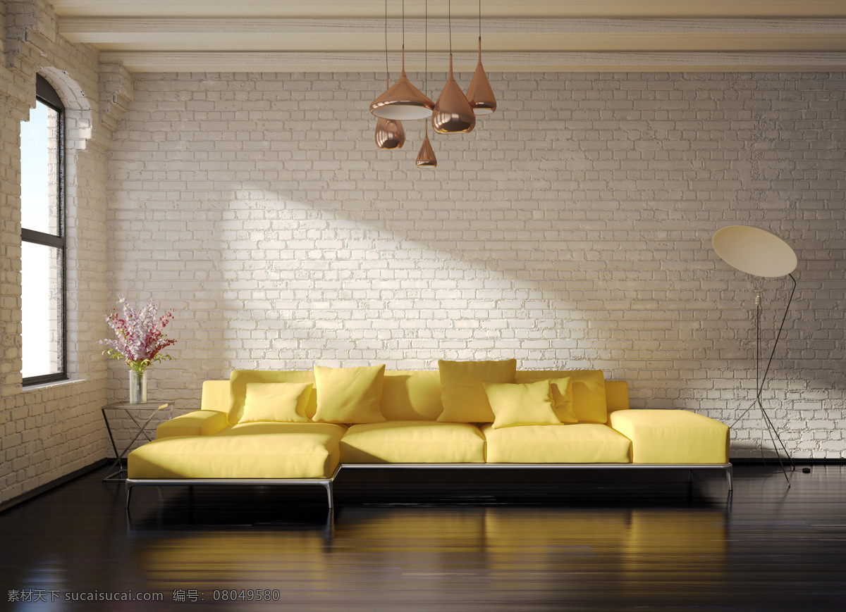 怀旧 风格 客厅 效果图 吊灯 黄色沙发 地板 室内设计 环境家居