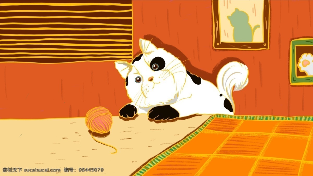 客厅 玩 毛线 球 小猫 卡通 背景 玩耍 可爱 毛线球