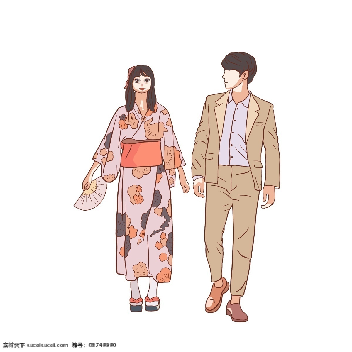 卡通 彩绘 一对 日本 情侣 和服 日系 人物 插画 日本人