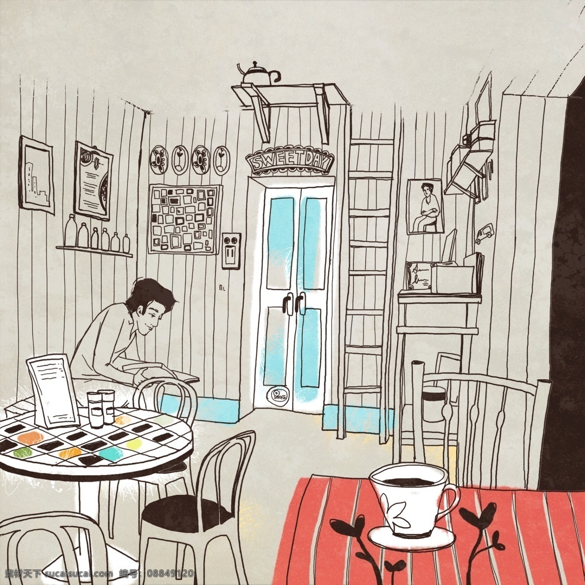 课外 生活休闲 休息 周末 喝咖啡 看书 插图 手绘 灰色