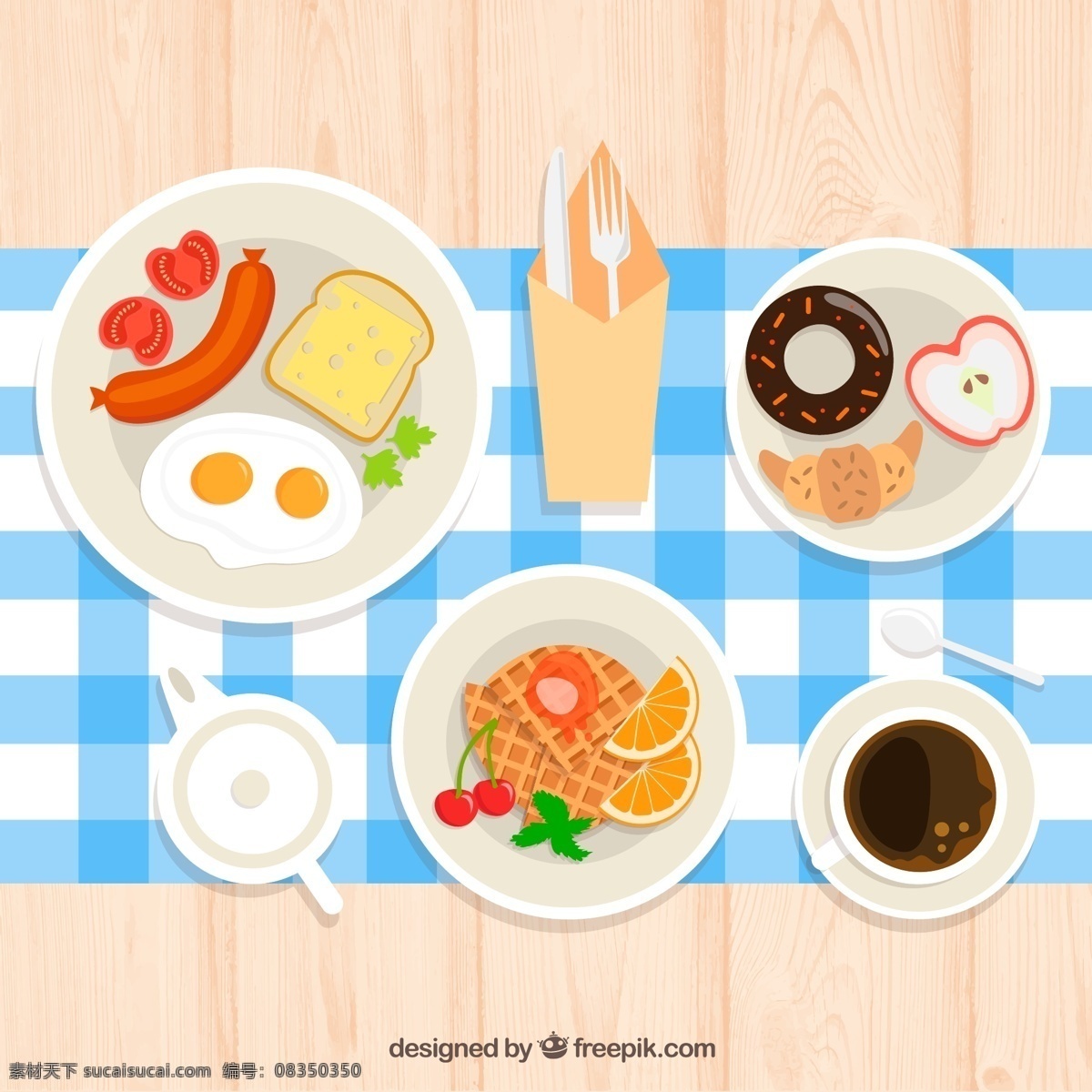美味 丰盛 早餐 俯视图 矢量 营养 面包 香肠 鸡蛋 餐具 咖啡 水果