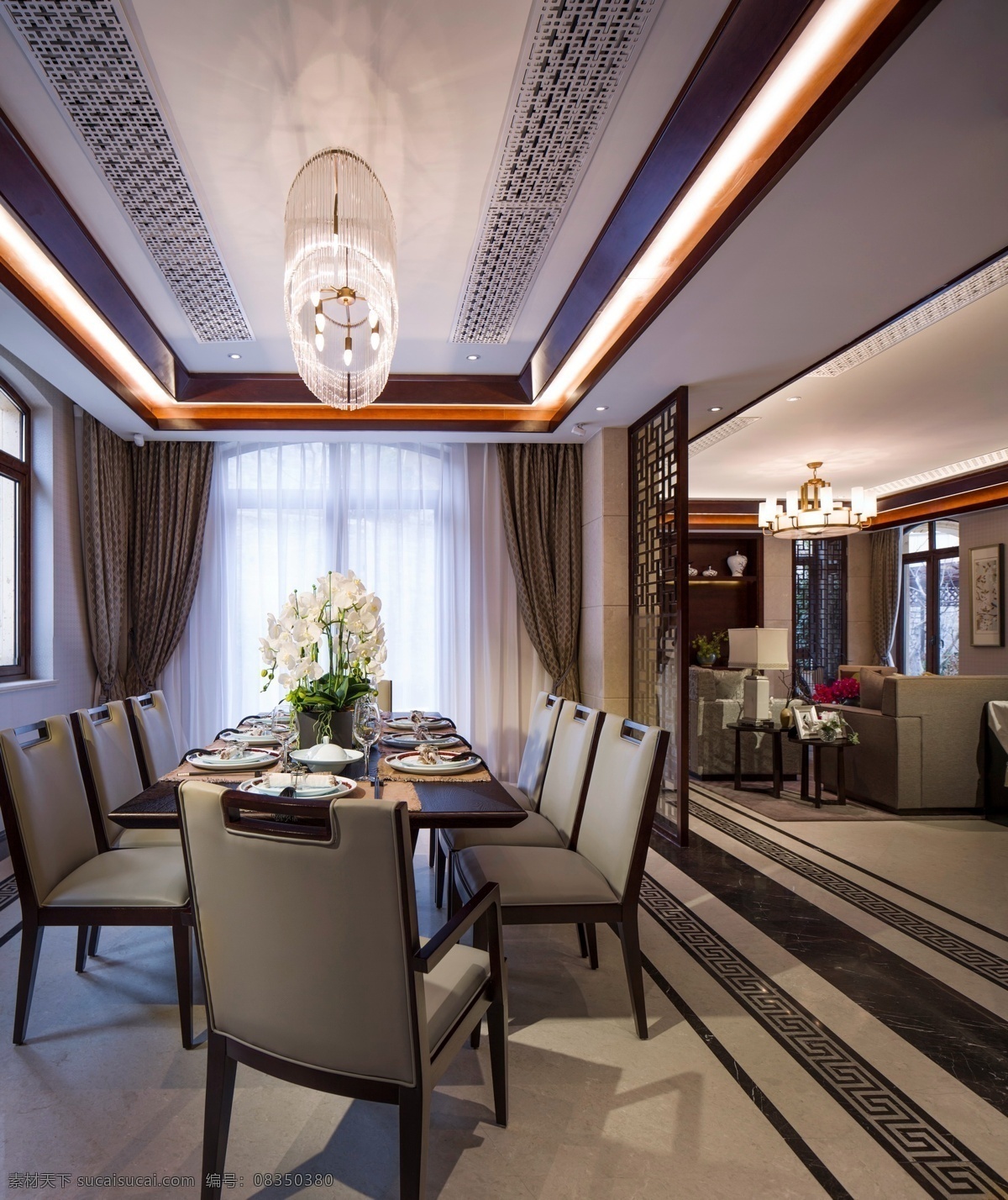 室内 餐厅 现代 豪华 装修 效果图 长方形餐桌 清新园艺 华美水晶灯 大落地窗