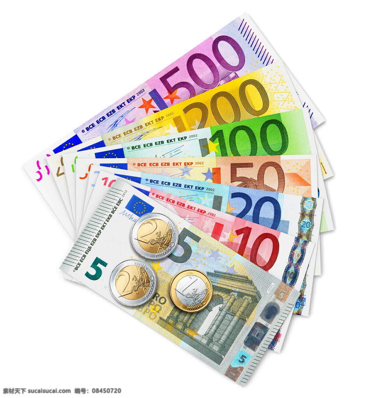 不同 面值 欧元 外国纸币 外汇 金融 欧元纸币 外钞 钞票 纸币 扇形 摆放 现金 欧元硬币 金融货币 商务金融