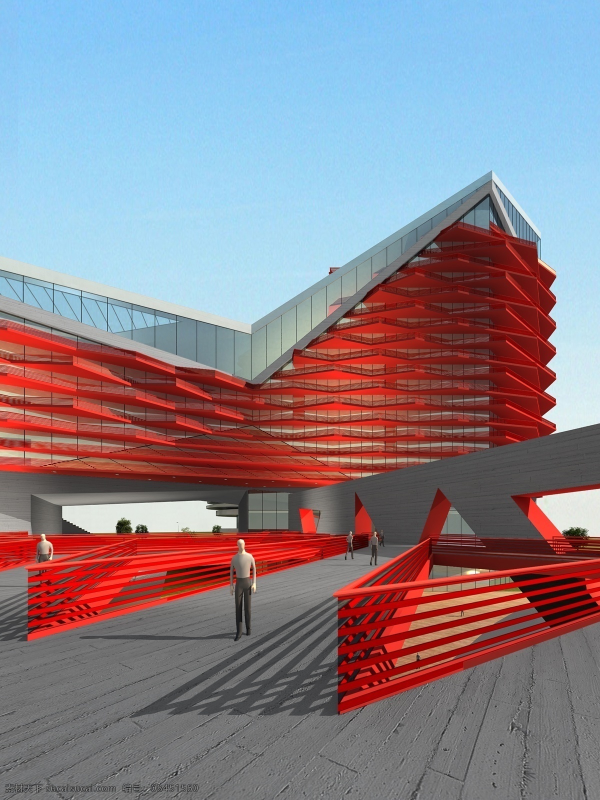 商业楼 建筑 效果图 人物 马路 房屋 建筑物 蓝色天空 环境设计 建筑设计 红色