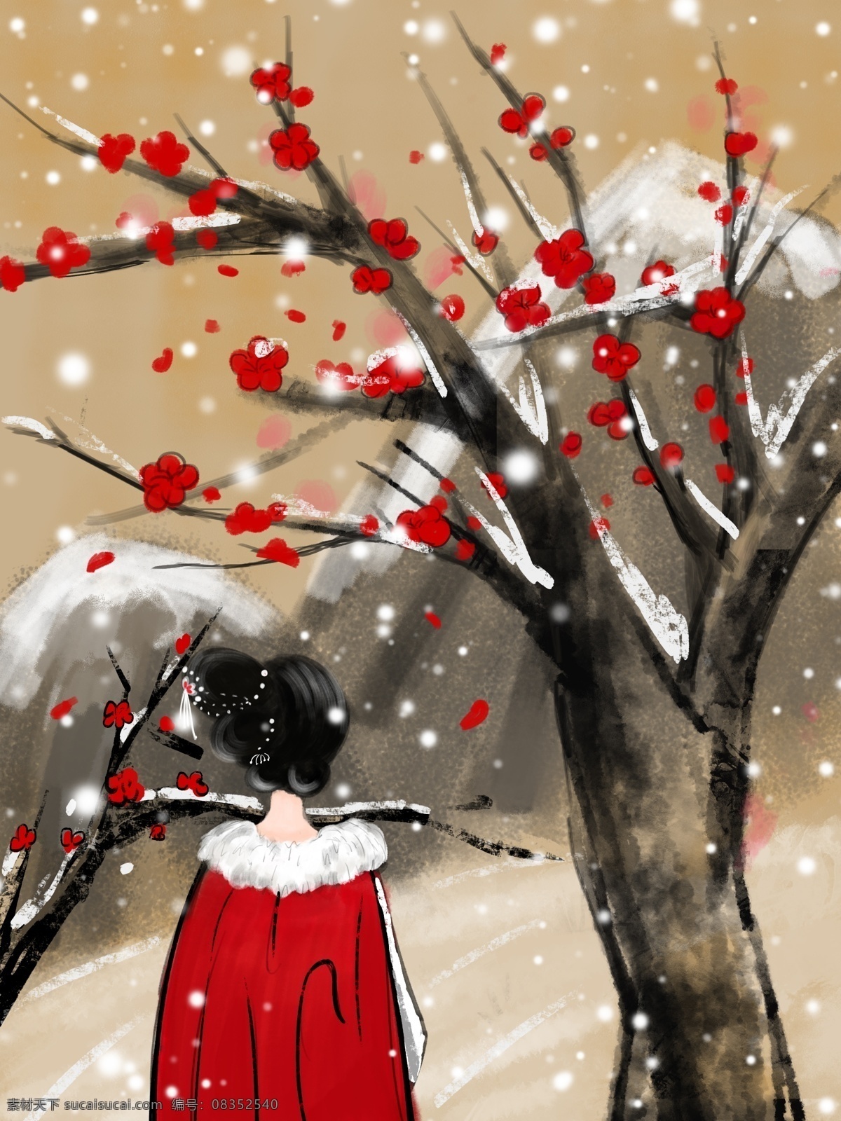 古代 冬季 雪天 赏 梅 人 插画 插图 女孩 绘画 配图 梅花 下雪 水墨
