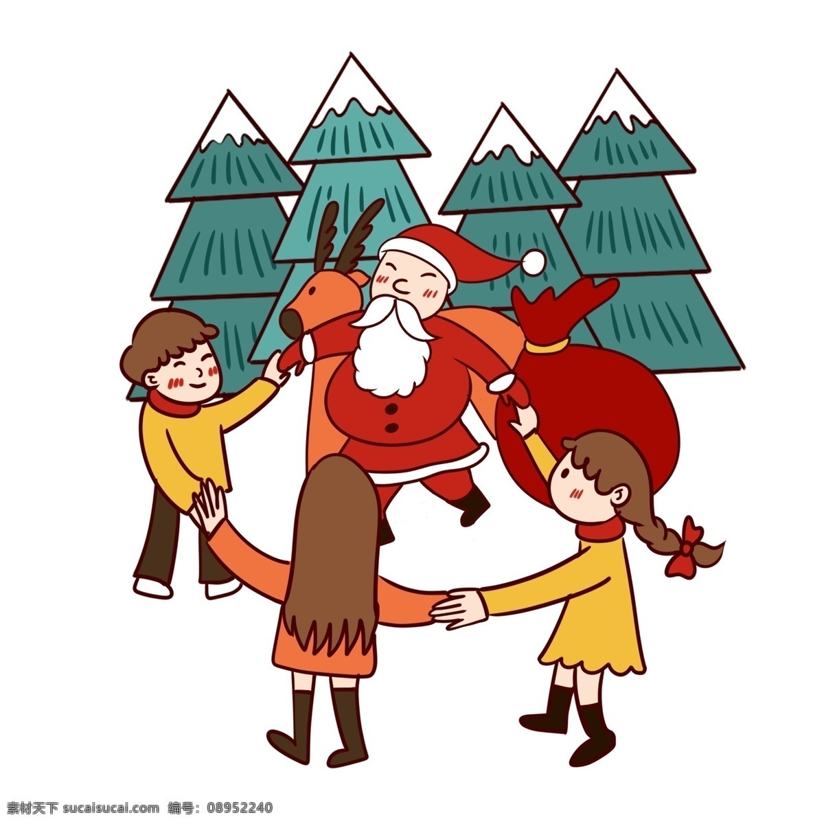 手绘 卡通 可爱 圣诞节 圣诞老人 小孩子 矢量 免抠 圣诞快乐 麋鹿 松树 跳舞