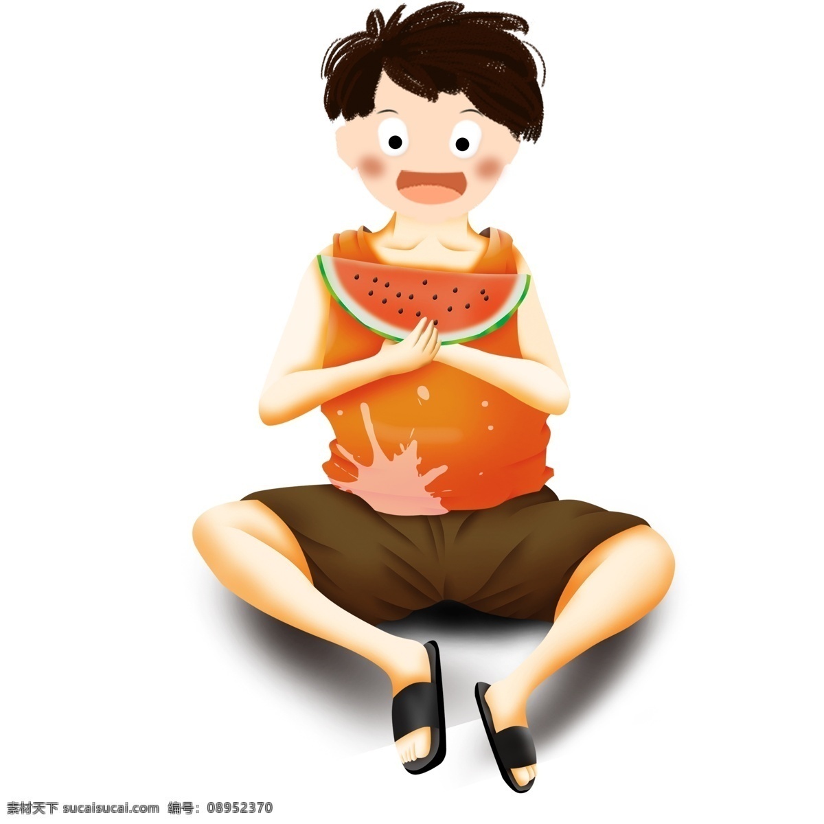 清凉 夏季 吃 西瓜 男孩子 卡通 清新 夏日 插画 男孩 吃西瓜