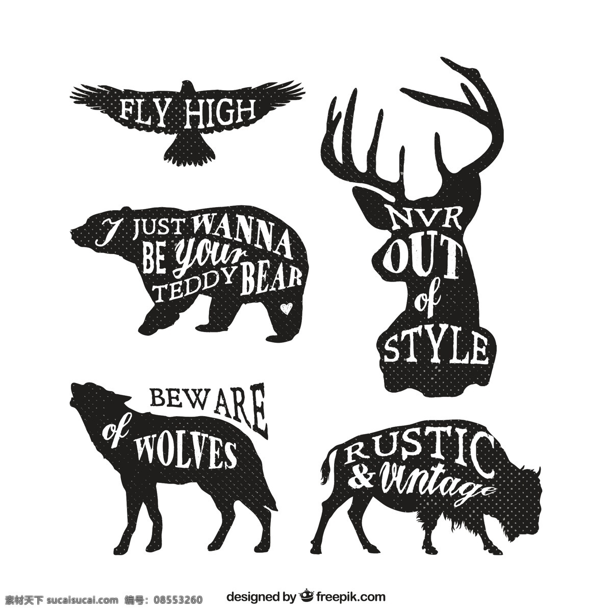 肮脏 动物 轮廓 字体 垃圾 鹰 熊 鹿 狼 质朴的剪影 剪影 刻字 野生的 肮脏的 白色