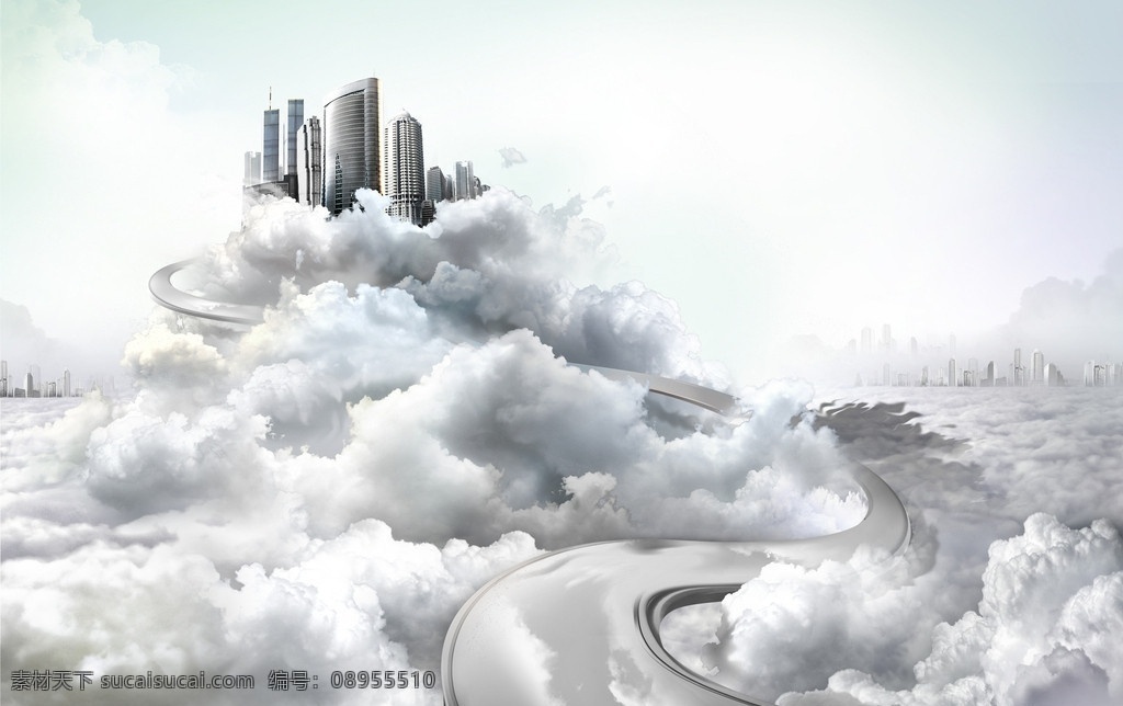 3d 天空 云中 公路 通往 城市 建筑 云海 房地产 都市 云彩 云朵 高楼 大厦 自然风光 自然景观