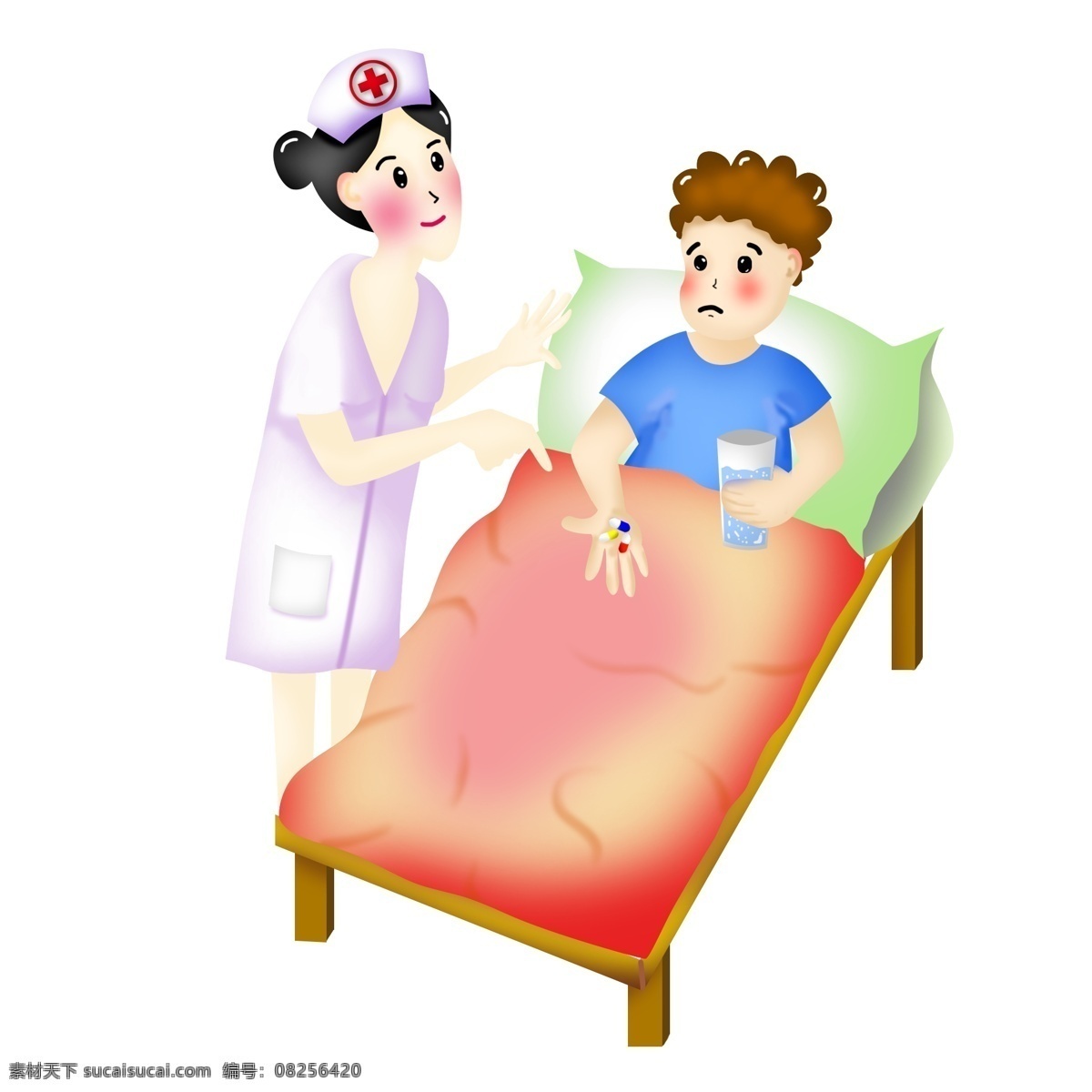 国际护士节 卡通 护士 监督 病人 吃药 床上的病人 照顾