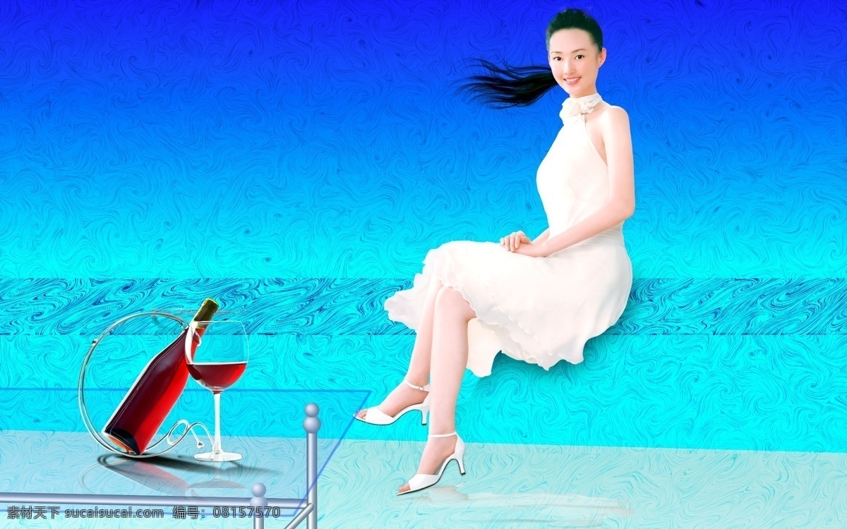 风情 靓女 玻璃 红酒 美女 海 蓝 底纹 桌 葡萄酒 原创 分层 源文件