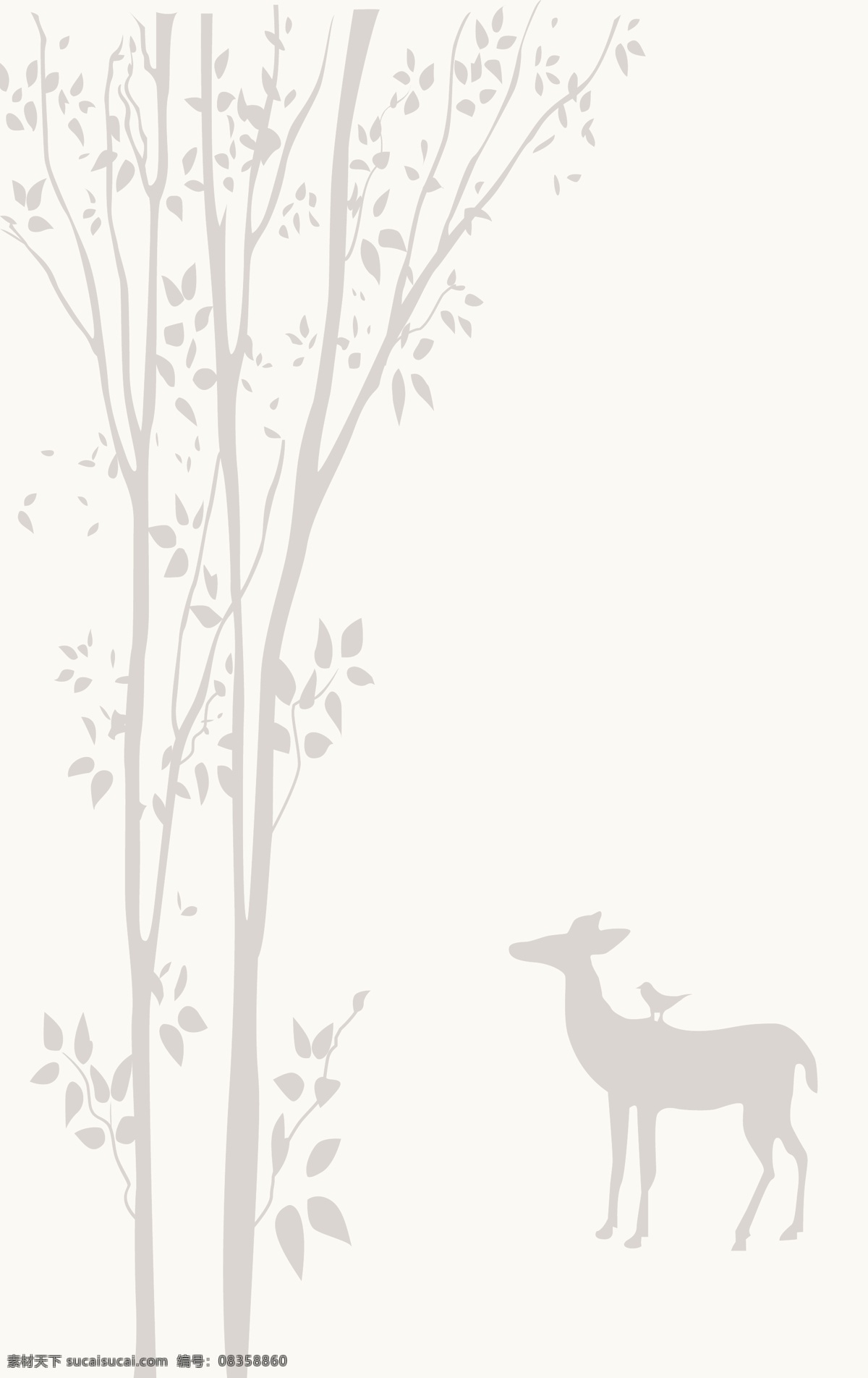 手绘鹿壁纸 鹿 大树 灰色 壁纸 背景 鸟