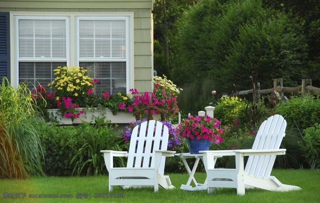 园林 绿地 庭院 花坛 白色座椅 别墅 草地 椅子 欧式 唯美 法式图库 法式素材 房地产专用 园林建筑 建筑园林