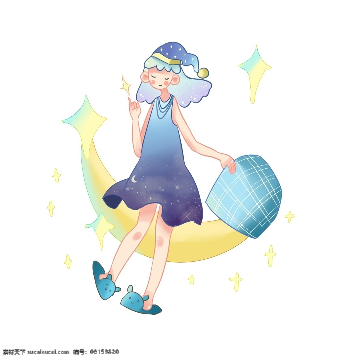 世界 睡眠 日 月亮 弯弯的月亮 世界睡眠日 卡通插画 睡觉 睡眠的插画 瞌睡 休息 蓝色的衣服
