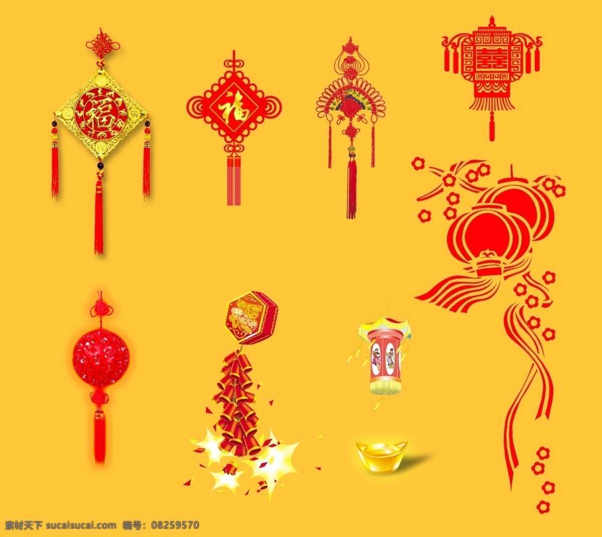 过年文化符号 中国结 过年 新年 猴年 鞭炮 灯笼 金子 分层