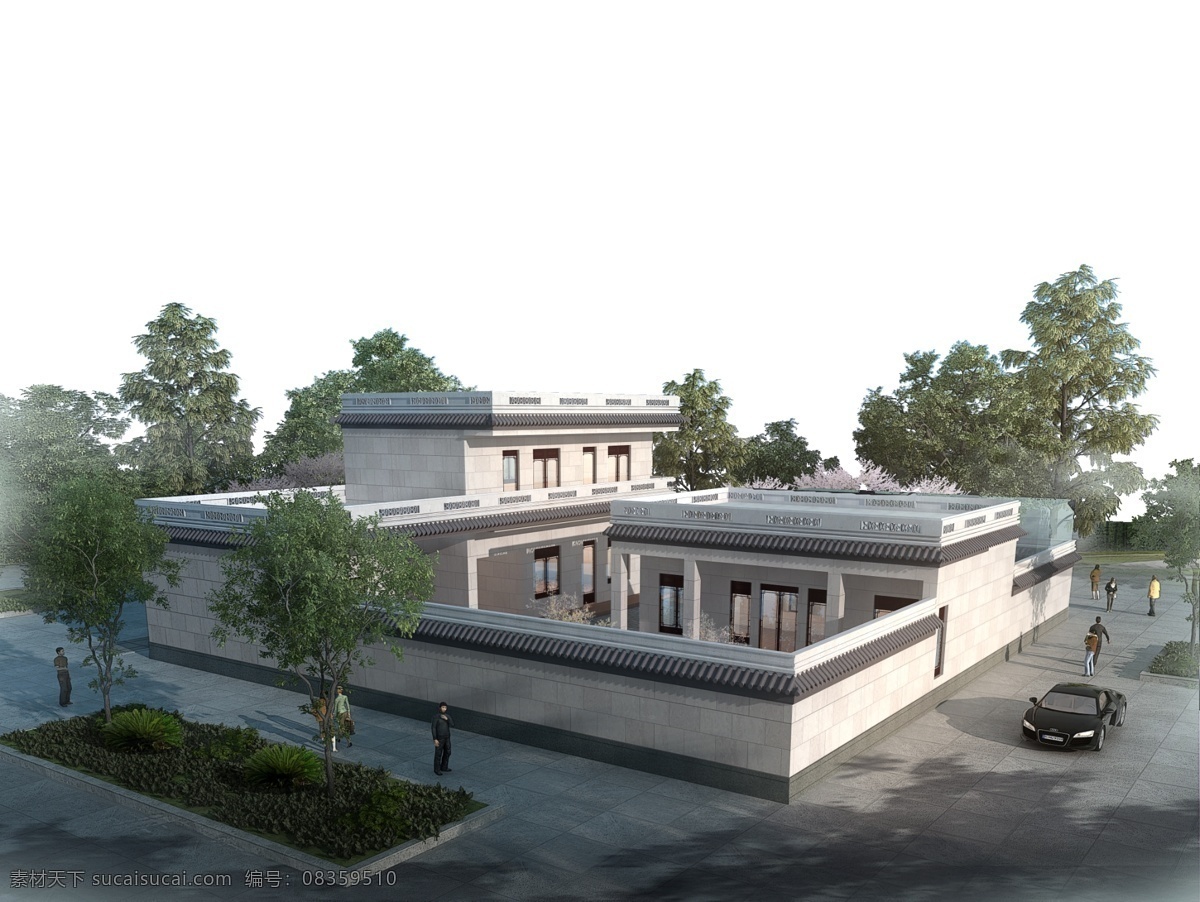 小 宅 建筑 景观 效果图 3d效果图 鸟瞰 清晨 树
