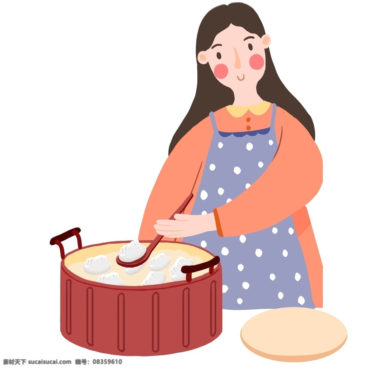 手绘 煮 饺子 女人 插画 煮饺子 锅子 人物