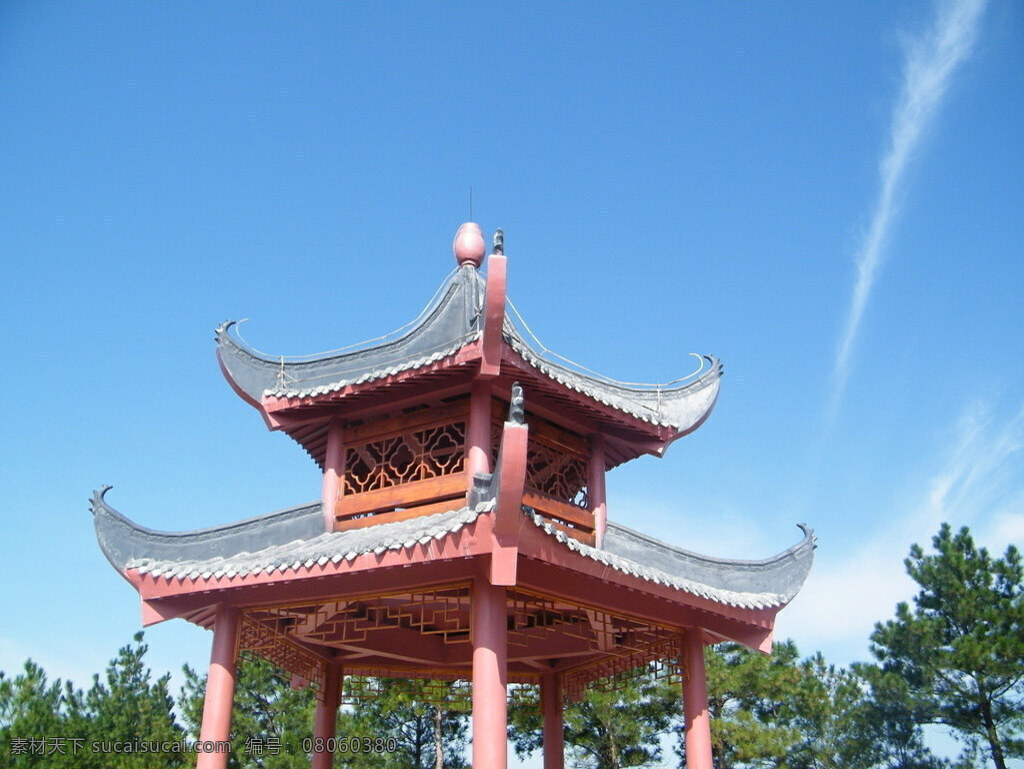 亭子免费下载 蓝天 树木 亭子 文化艺术