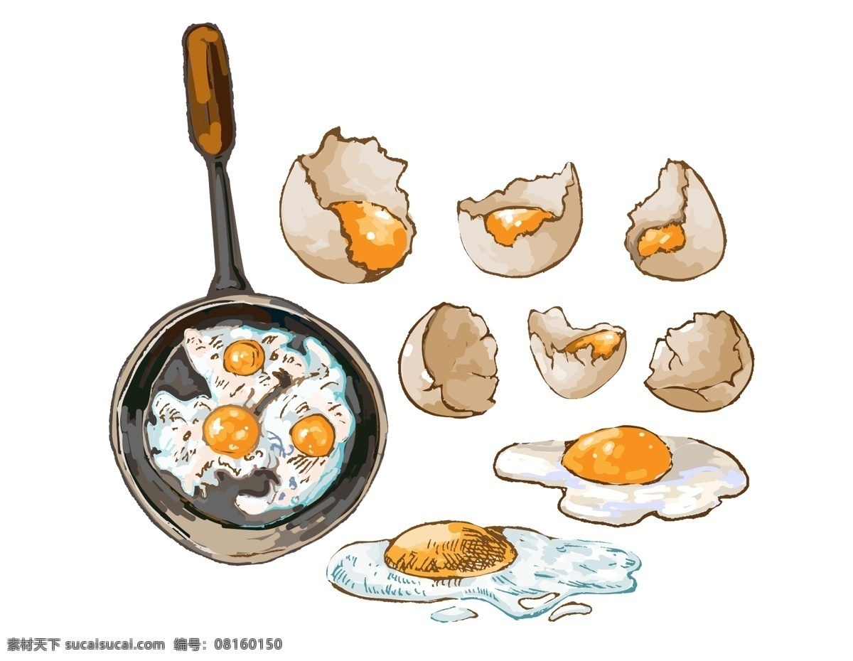 卡通 平底锅 煎蛋 元素 蛋壳 食物 美味 矢量元素 手绘 鸡蛋 ai元素