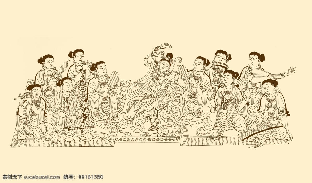 莫高窟61窟 五代 舞乐菩萨 壁画 敦煌 敦煌壁画 飞天 白描 中国画 扁鼓 人物 分层 源文件